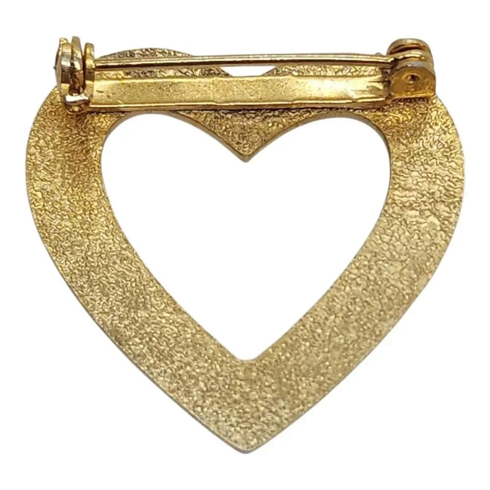 Vintage Heart Floral Enamel Brooch White Pink Rose Gold Tone Guilloche Style Pin